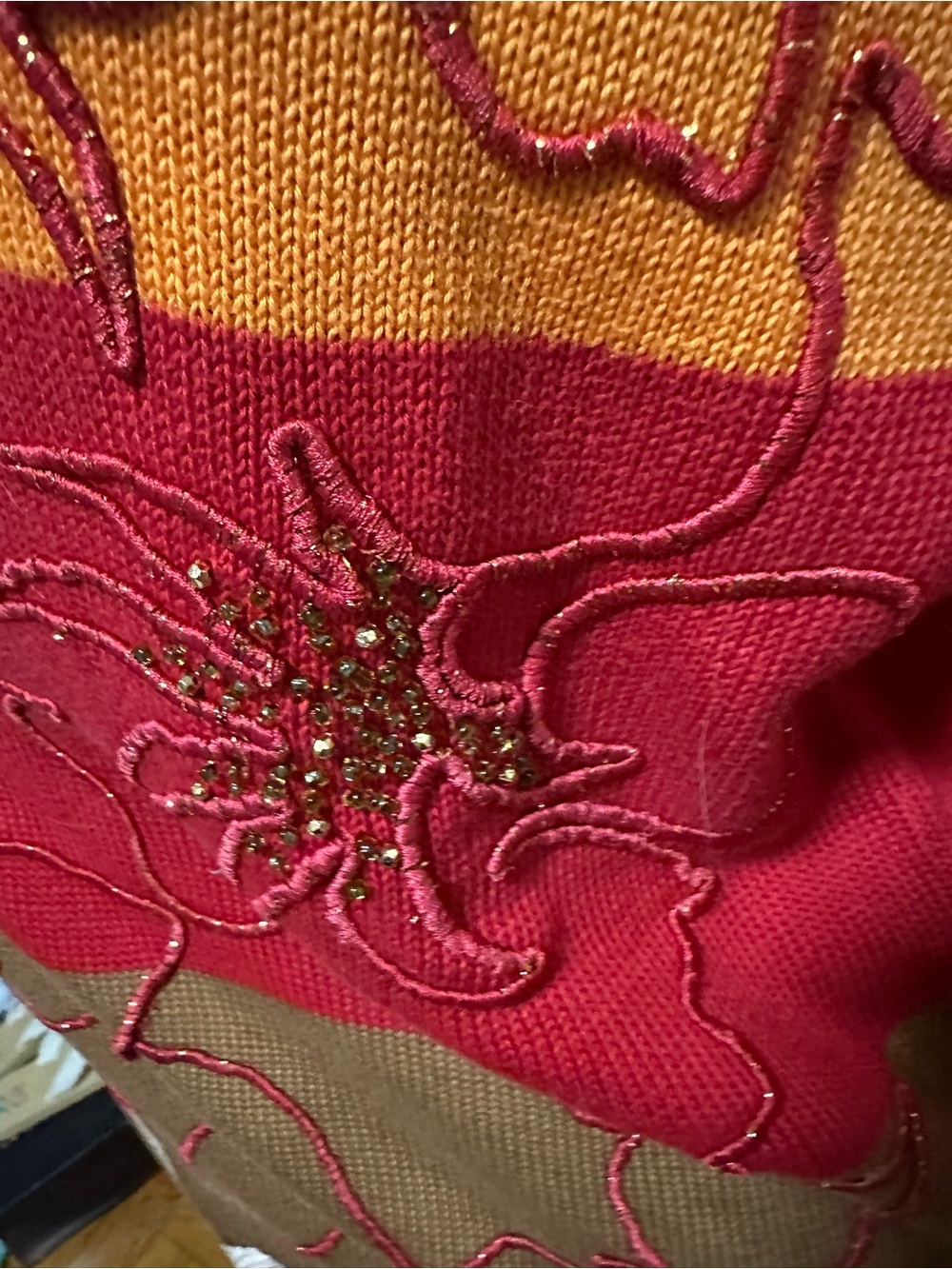 Escada Vintage Orange, Red & Brown Floral Embroidered Beaded Crewneck Sweater - Picture 8 of 12